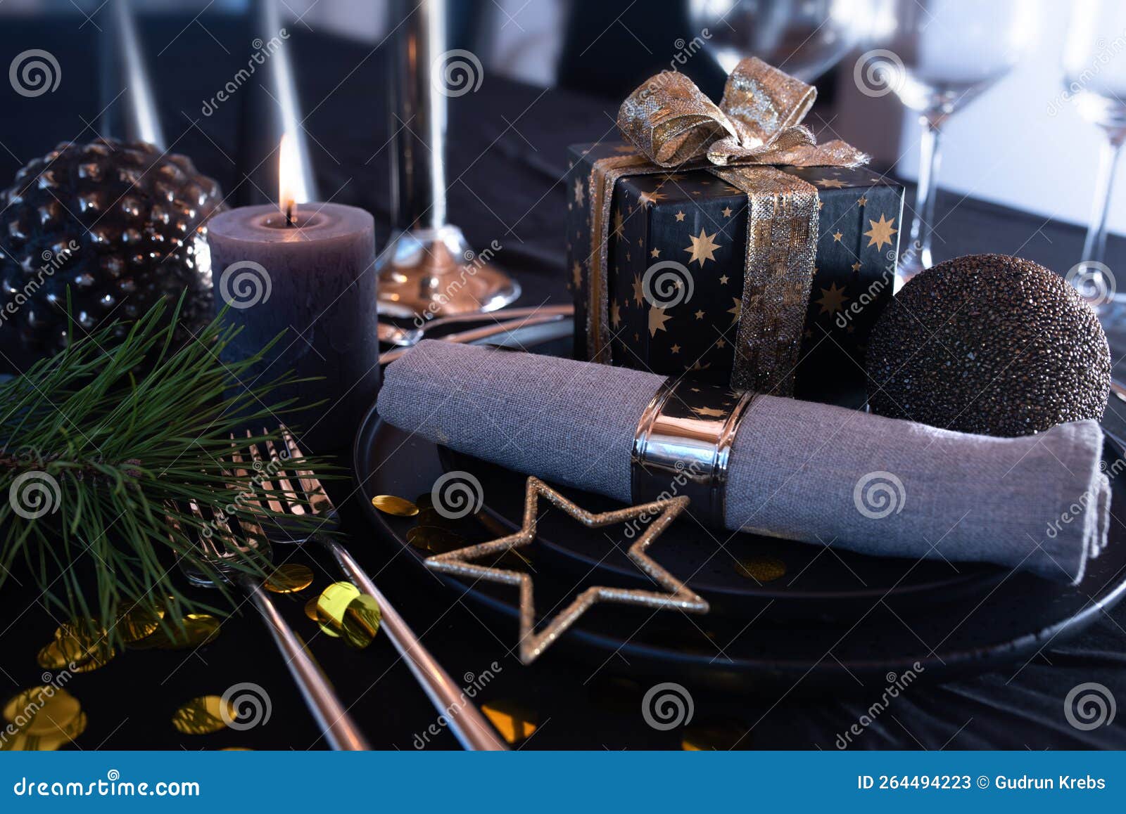 Christmas Table Setting with Gift Stock Image Image of black, bauble
