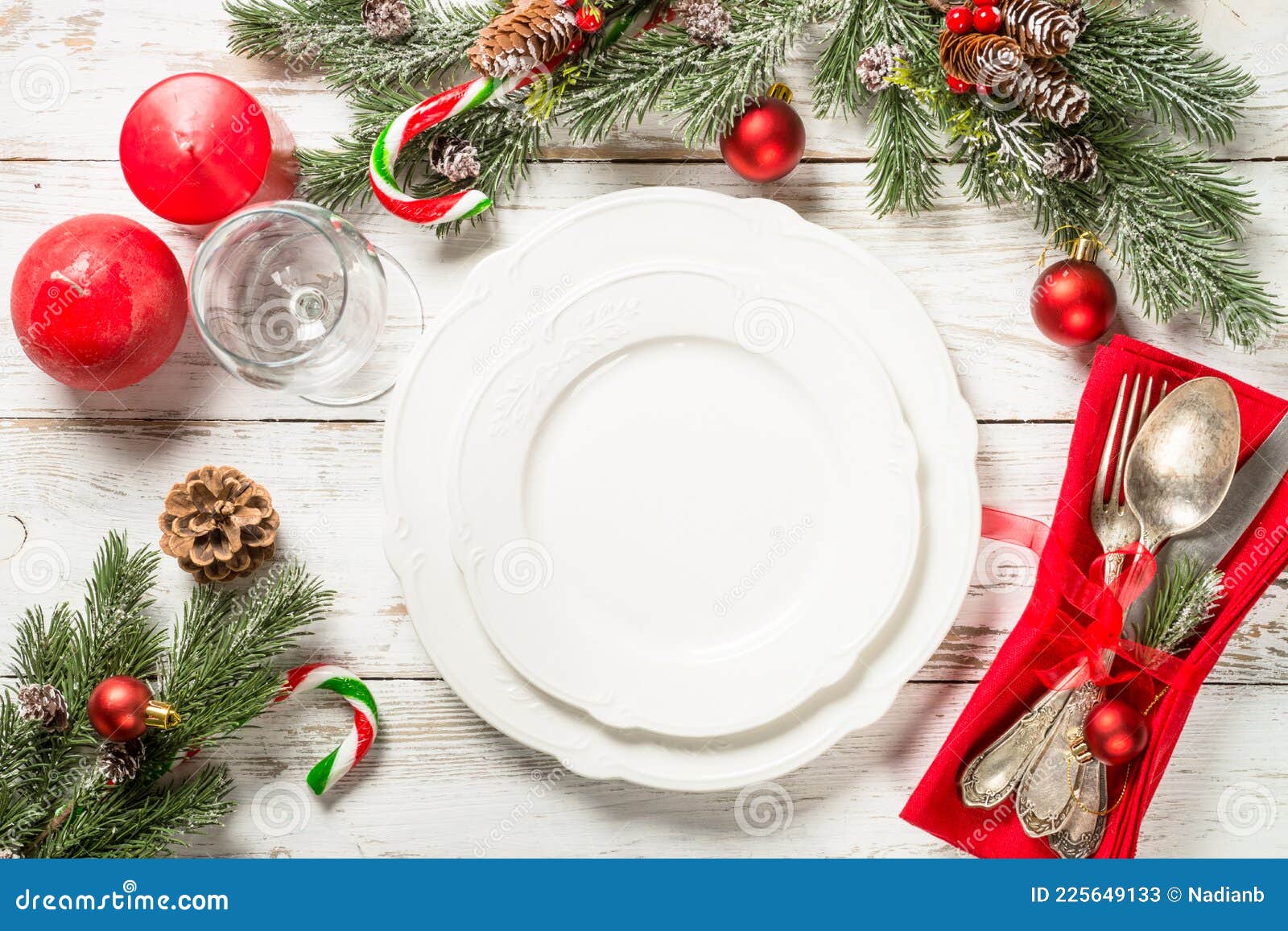 Christmas Table Setting with Holidays Decorations at White Wooden Table ...
