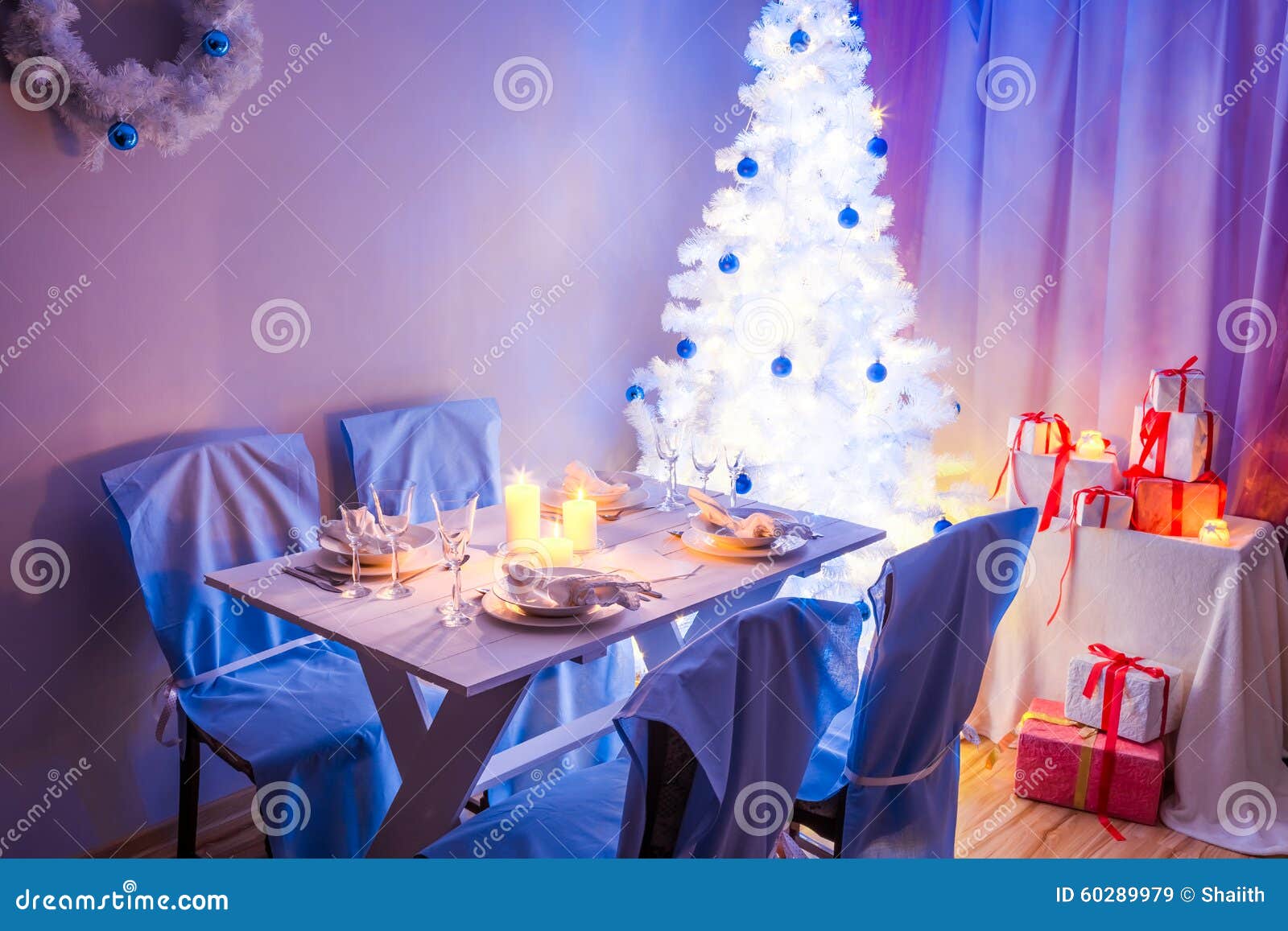 Christmas Table Setting with Present and Tree Stock Image - Image of ...