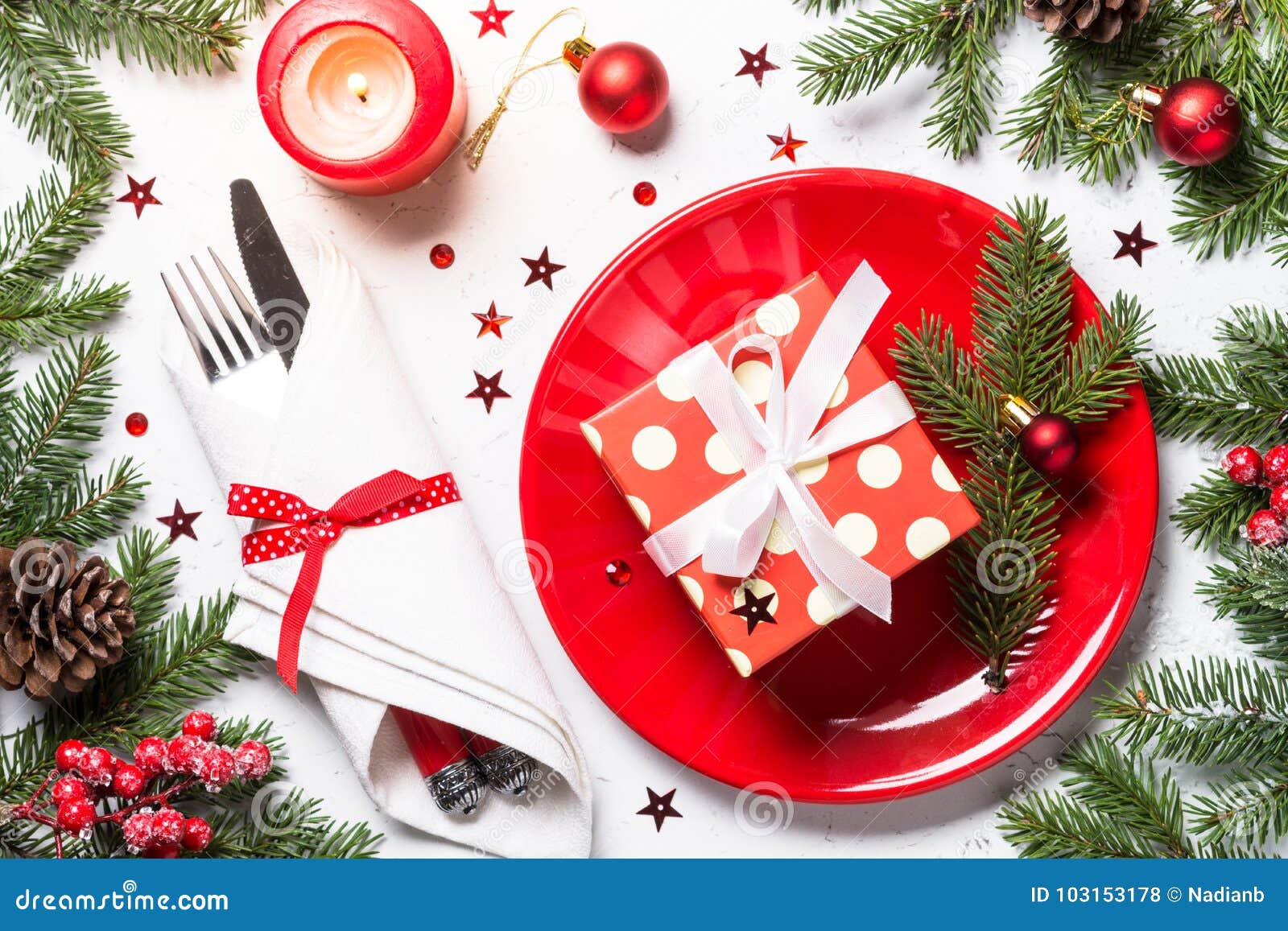 Christmas Table Setting on White Background. Stock Photo - Image of ...