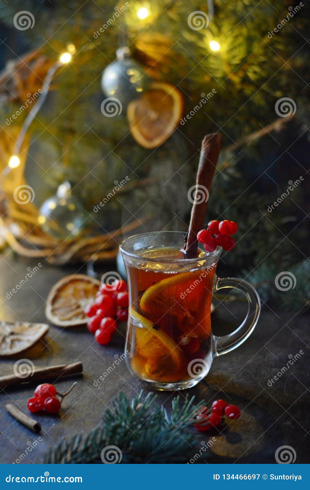 Christmas Tea with Orange and Spices. Selective Focus. Hot Spicy Tea on ...