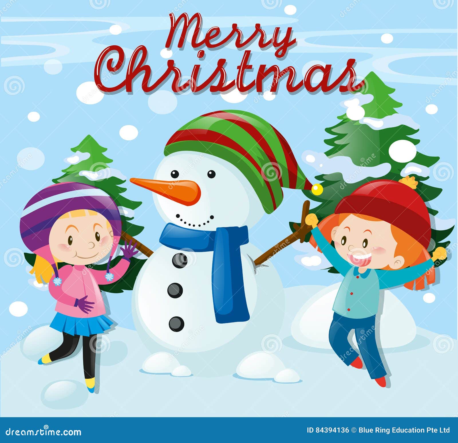 Christmas Theme with Girls and Snowman Stock Vector - Illustration of ...