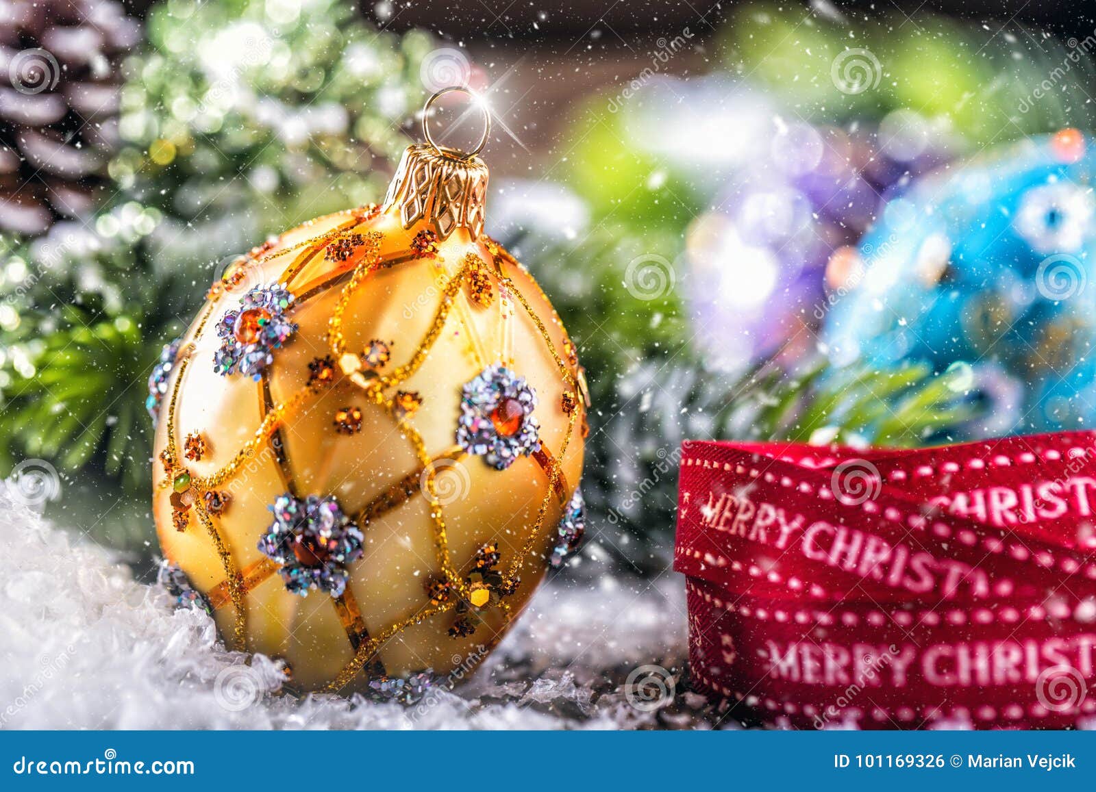Download Christmas Time Luxury Golden Purple Blue Christmas Ball And Decoration Red Ribbon With