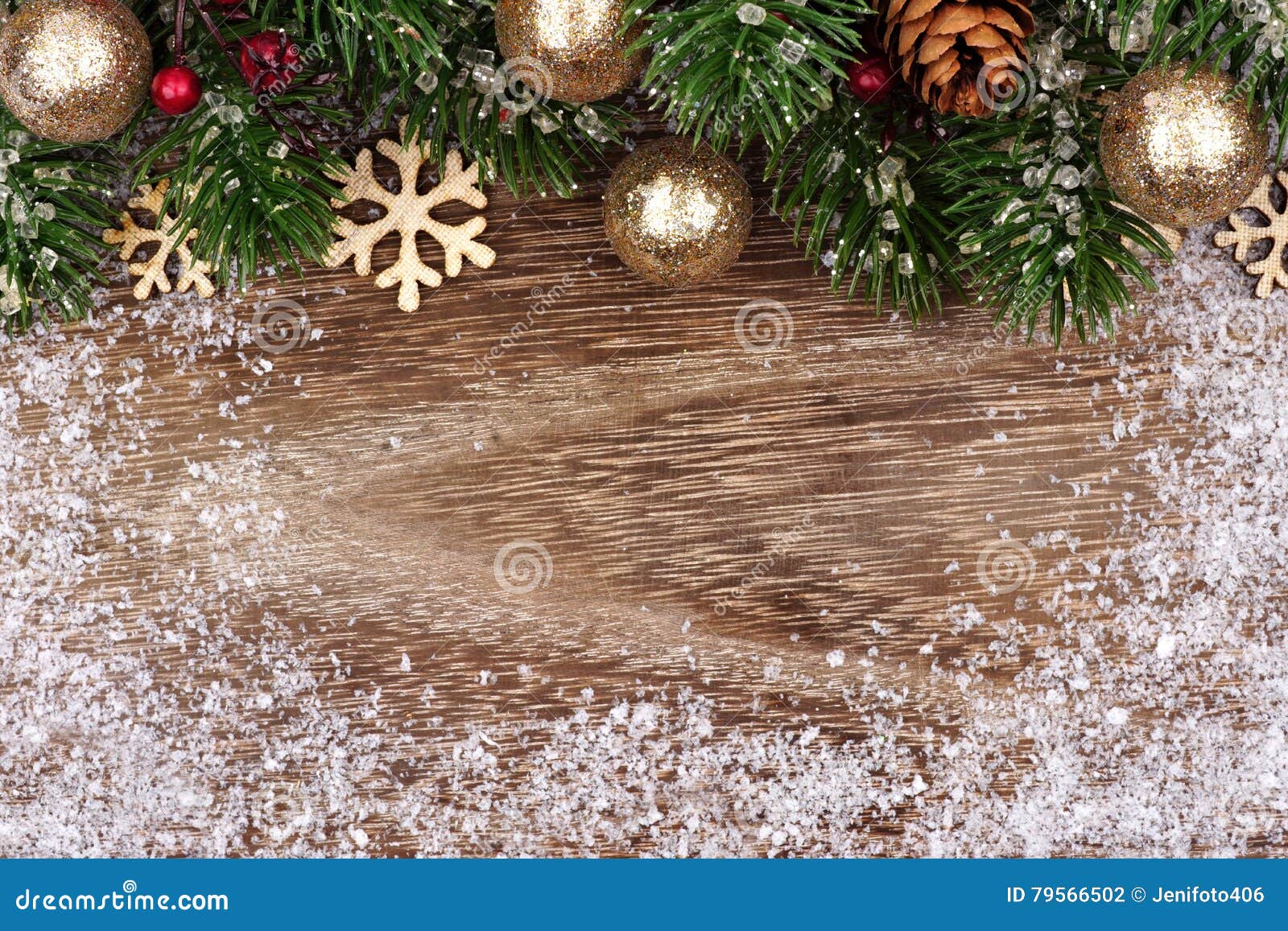 Christmas Top Border with Gold Ornaments, Branches and Snow Stock Photo ...