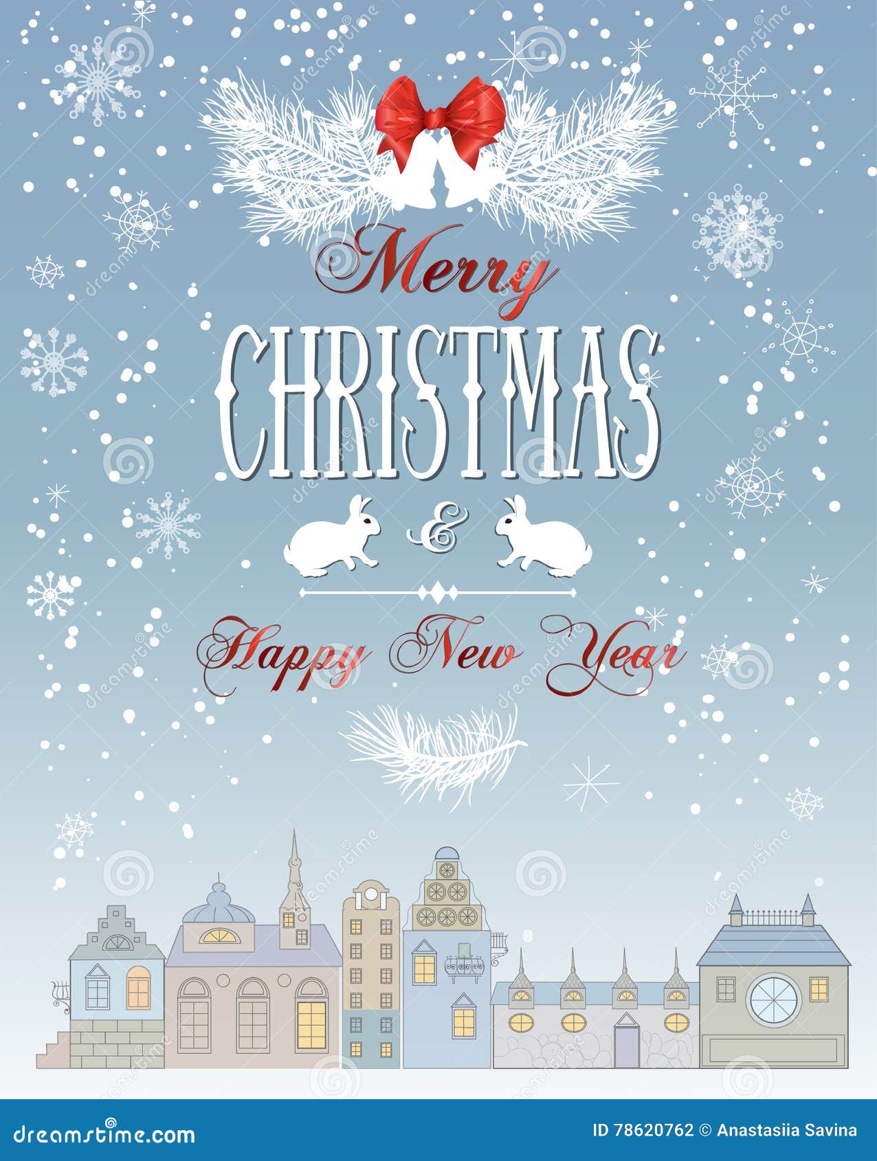Vector Christmas card with greeting banner with bells and rabbits on winter town background Best design for holliday posters