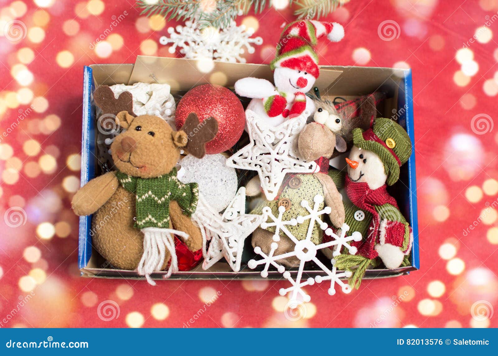 Christmas toys in a box stock photo. Image of basket 82013576