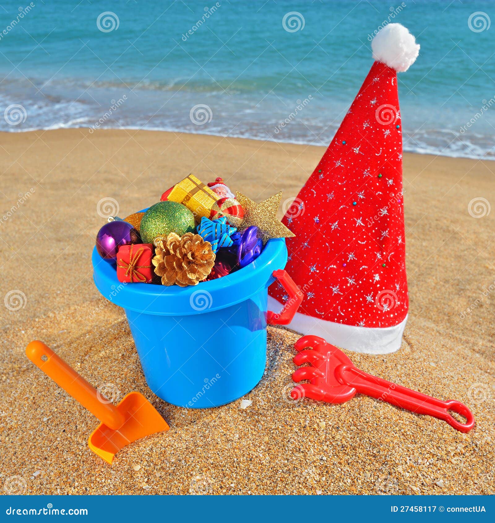 Christmas Toys and Decorations on the Beach Stock Image Image of ball