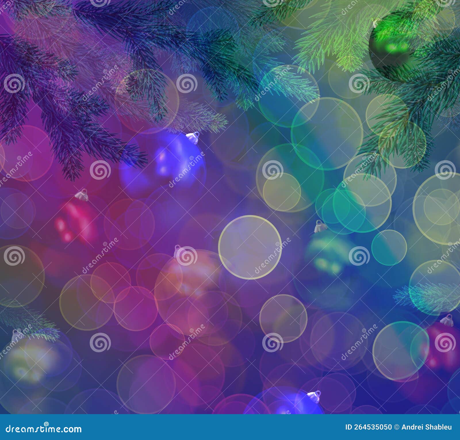 Christmas Tree Balls and Branches in Blue and Purple Colors Background