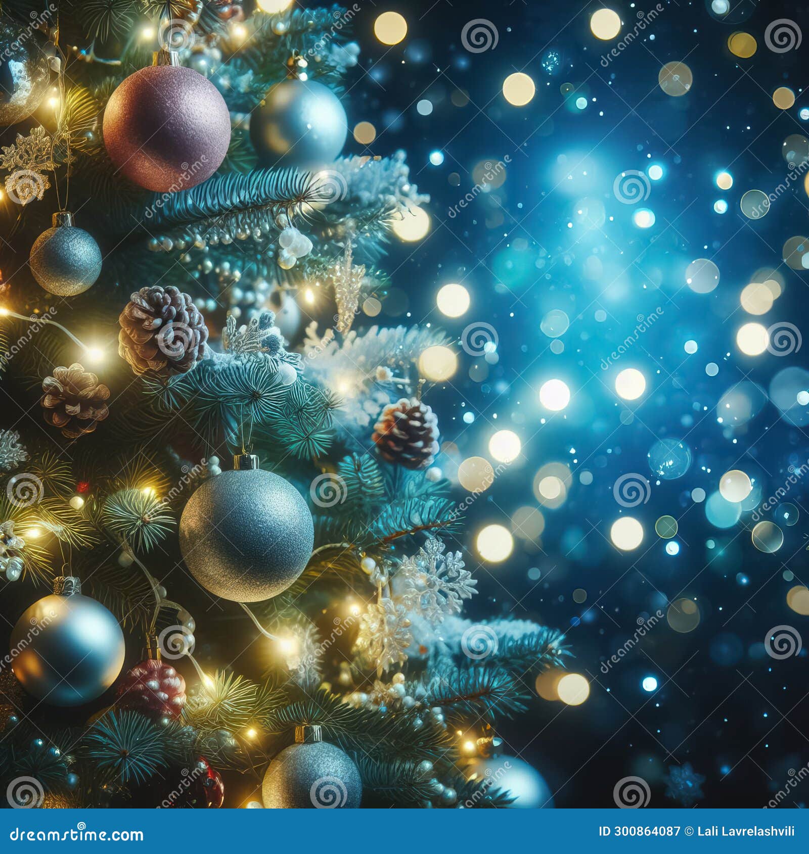 Christmas Tree with Baubles in Blue Night, Abstract Background