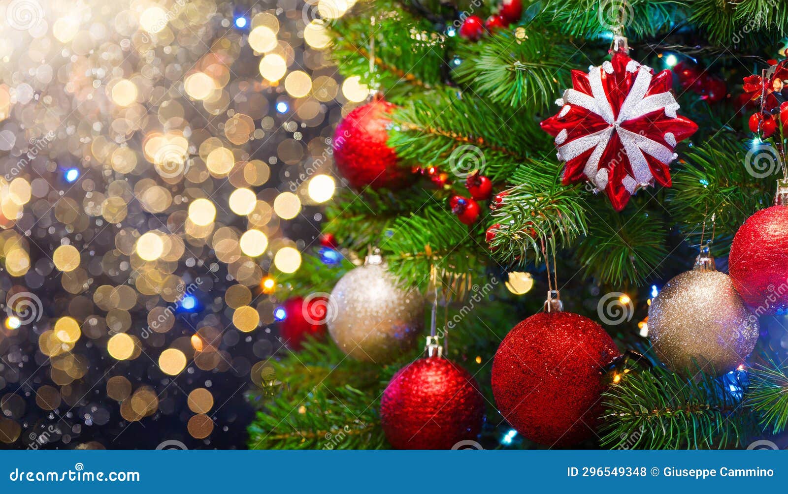 Christmas Tree with Baubles and Blurred Lights Generative AI Stock