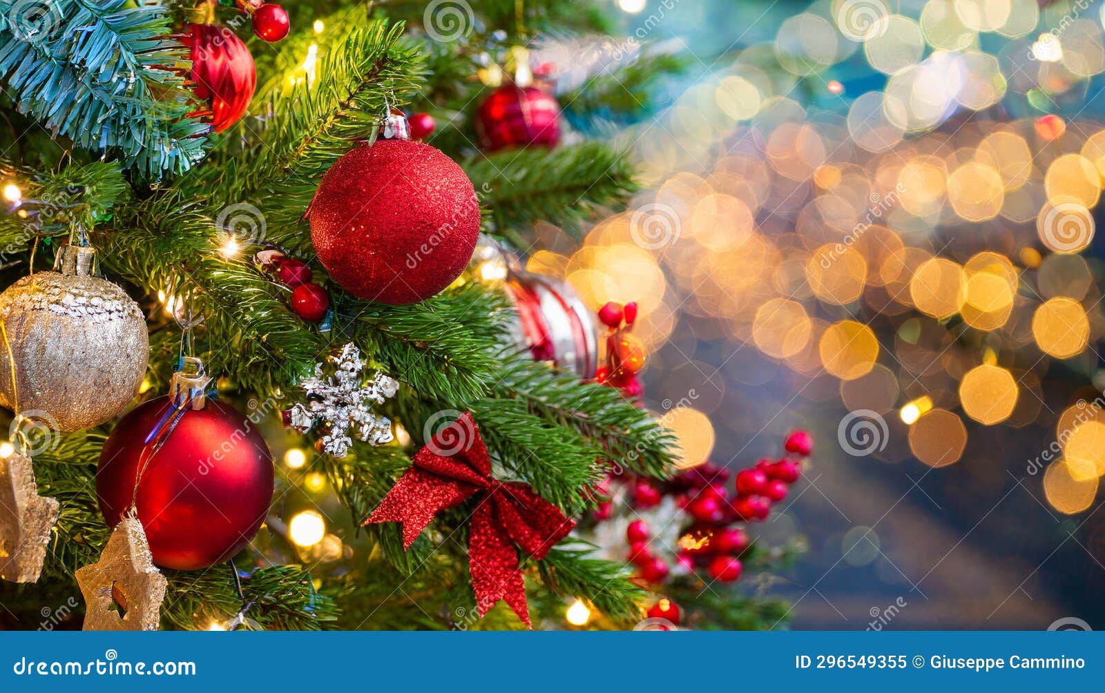 Christmas Tree with Baubles and Blurred Lights Generative AI Stock