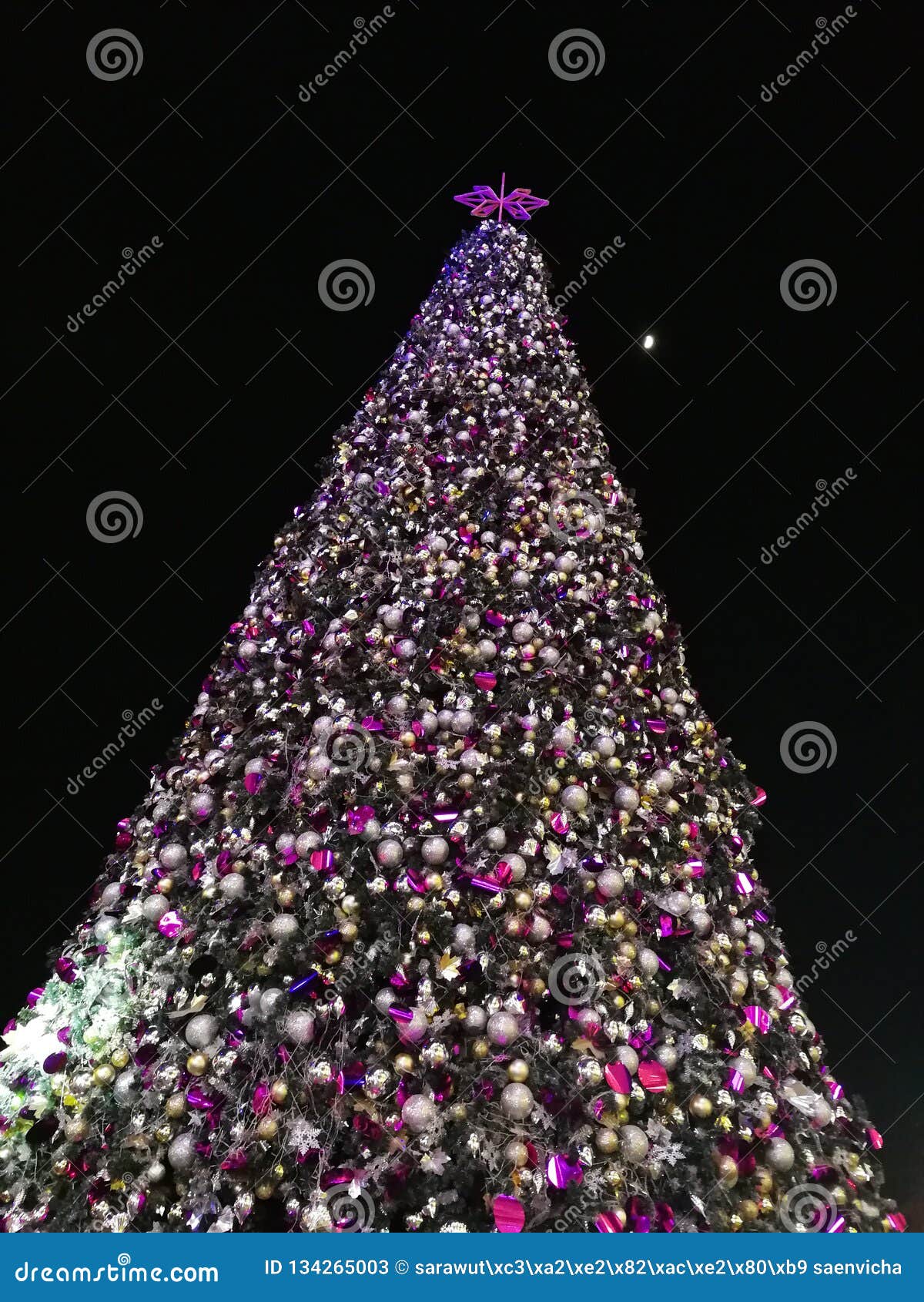 Christmas Tree is Beautifully Decorated at Night Stock Image Image of