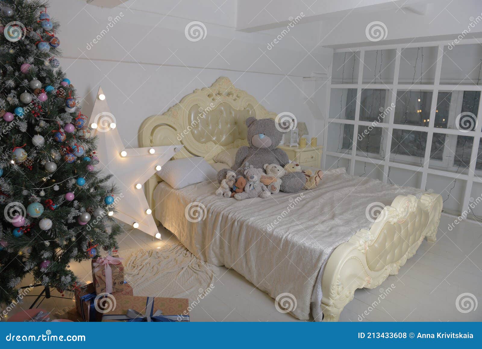 Christmas Tree and Bed with Stuffed Toys Stock Photo Image of shelter