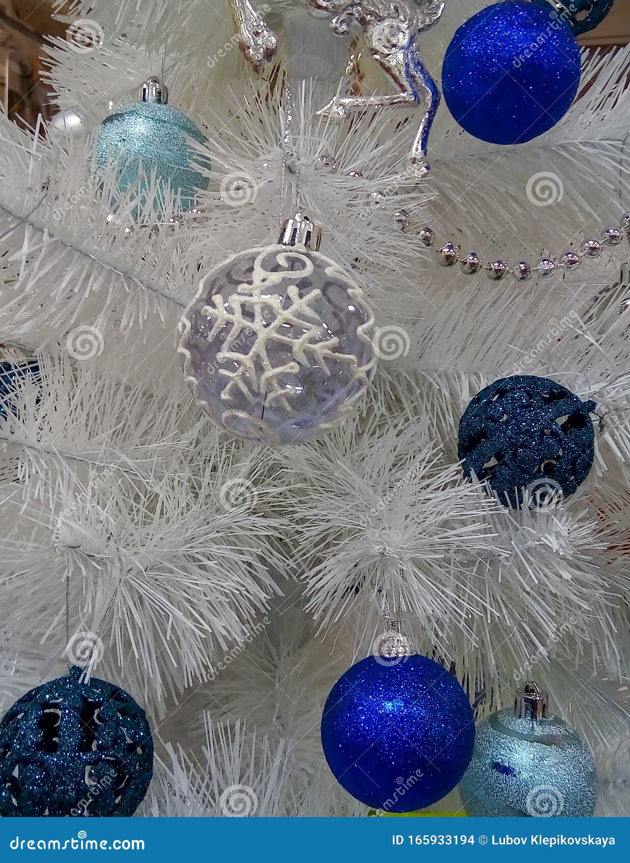 Christmas Tree with Blue and White Toys in the Interior Christmas Card ...