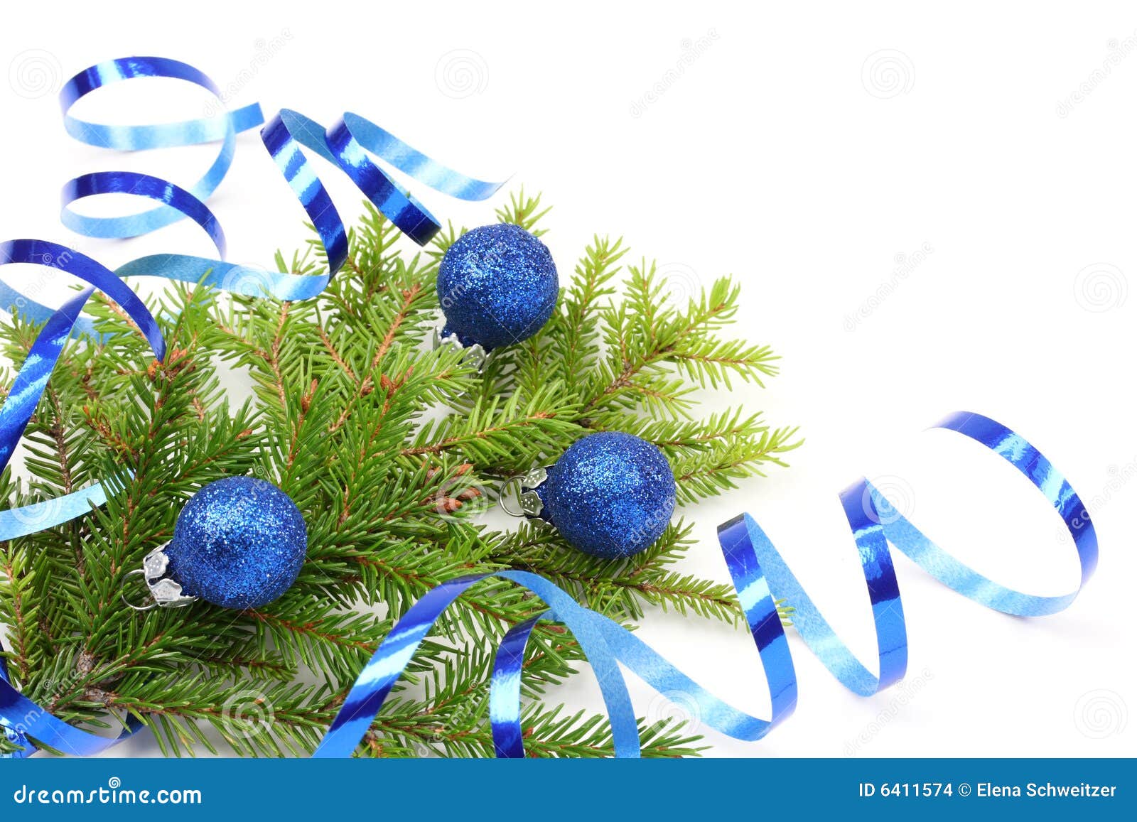 Christmas Tree Branch And Blue Ribbon Stock Images - Image: 6411574