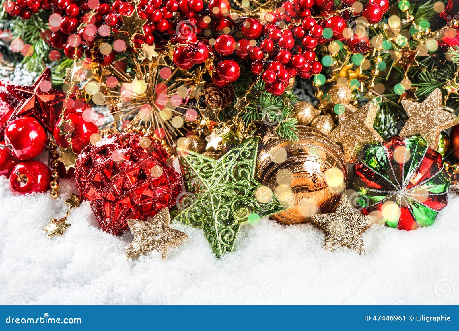 Christmas Tree Branches with Baubles, Golden Garlands, Lights Stock ...