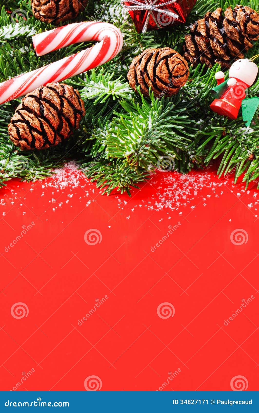 Christmas Tree Branches with Pine Cones and Vintage Decorations Stock ...