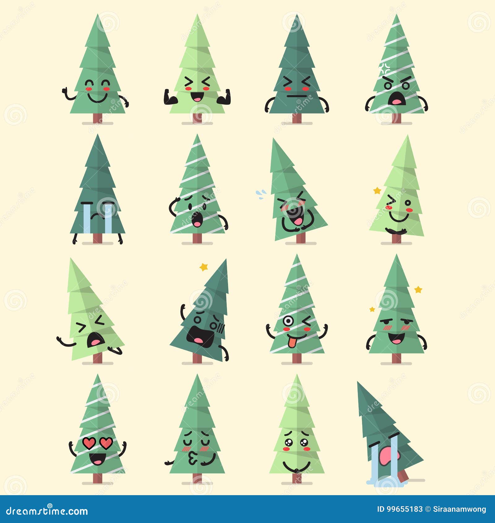 Christmas tree character emoji set Funny cartoon emoticons