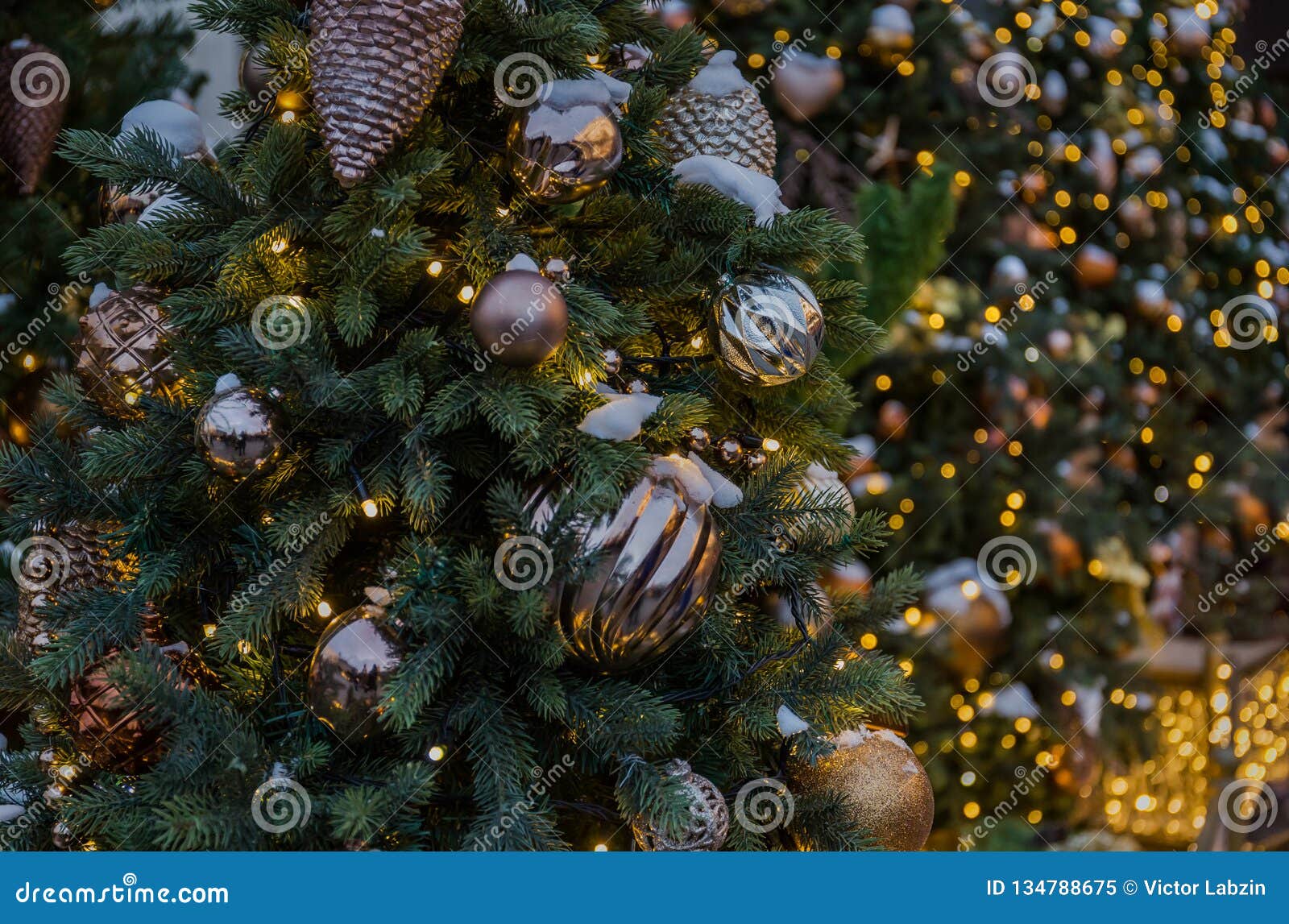 Christmas Tree Closeup. Golden Balls and Illuminated Garland with ...