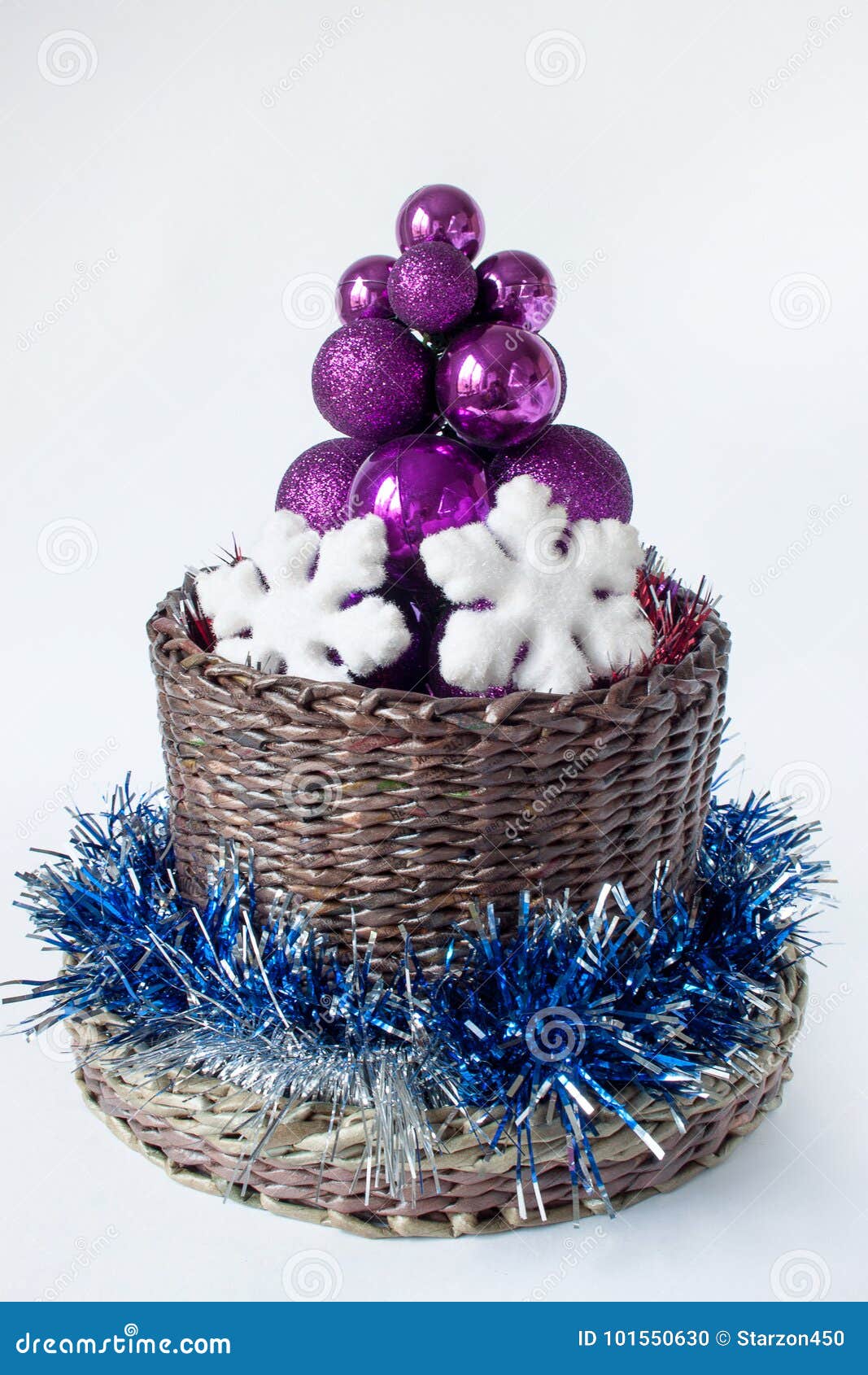 Christmas Tree Consisting of Balls is Standing in a Wicker Basket