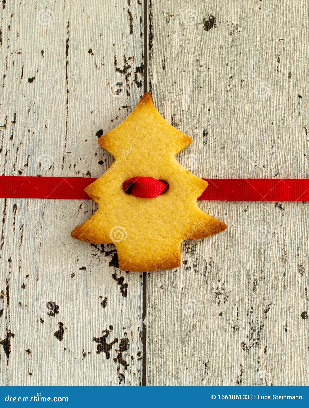 christmas tree cookie on blue backgrouond