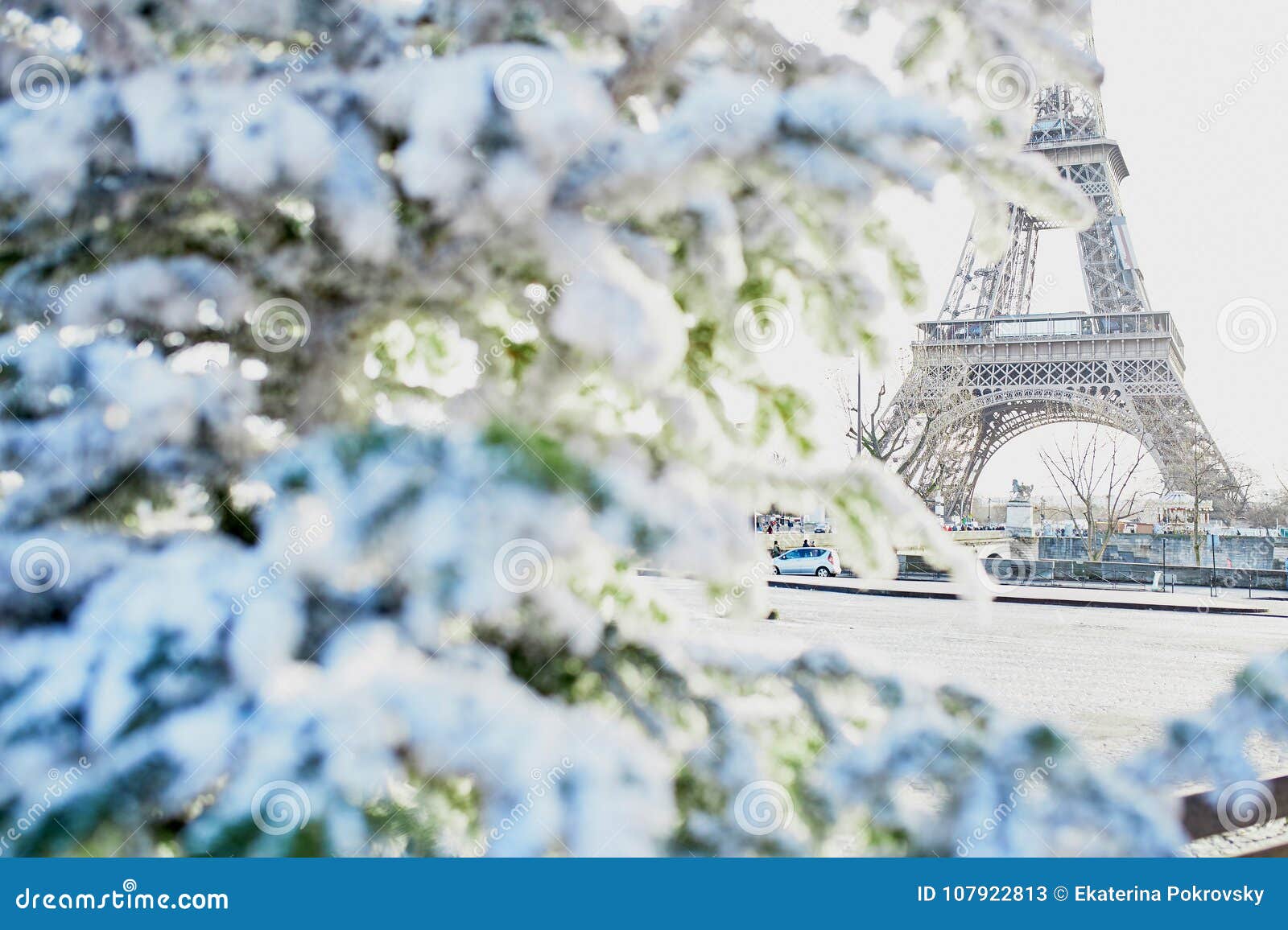 Christmas Tree Covered With Snow Near Eiffel Tower Stock Image Image