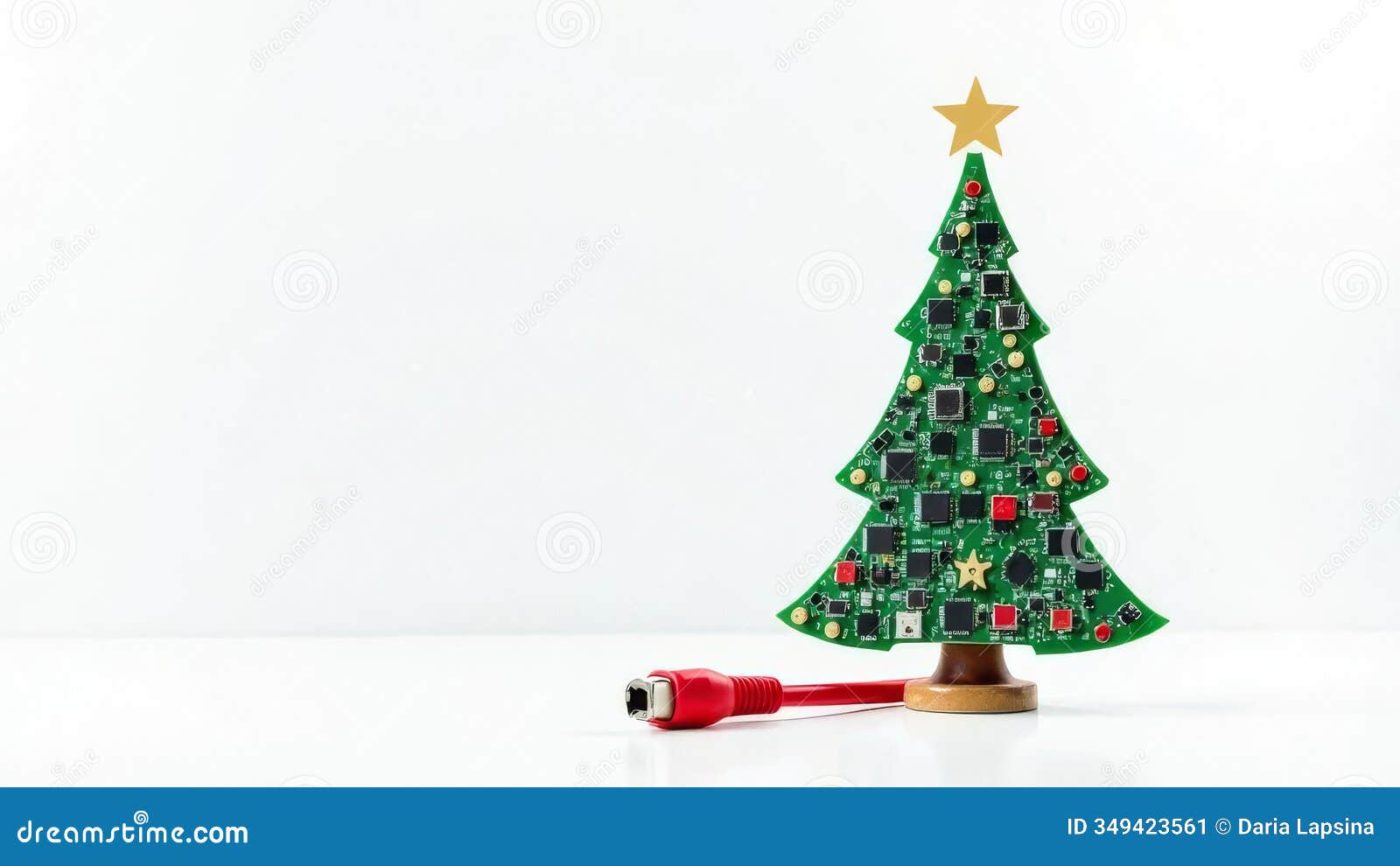 it christmas tree crafted from microchips, circuit boards and wires and port lying on white background. perfect tech