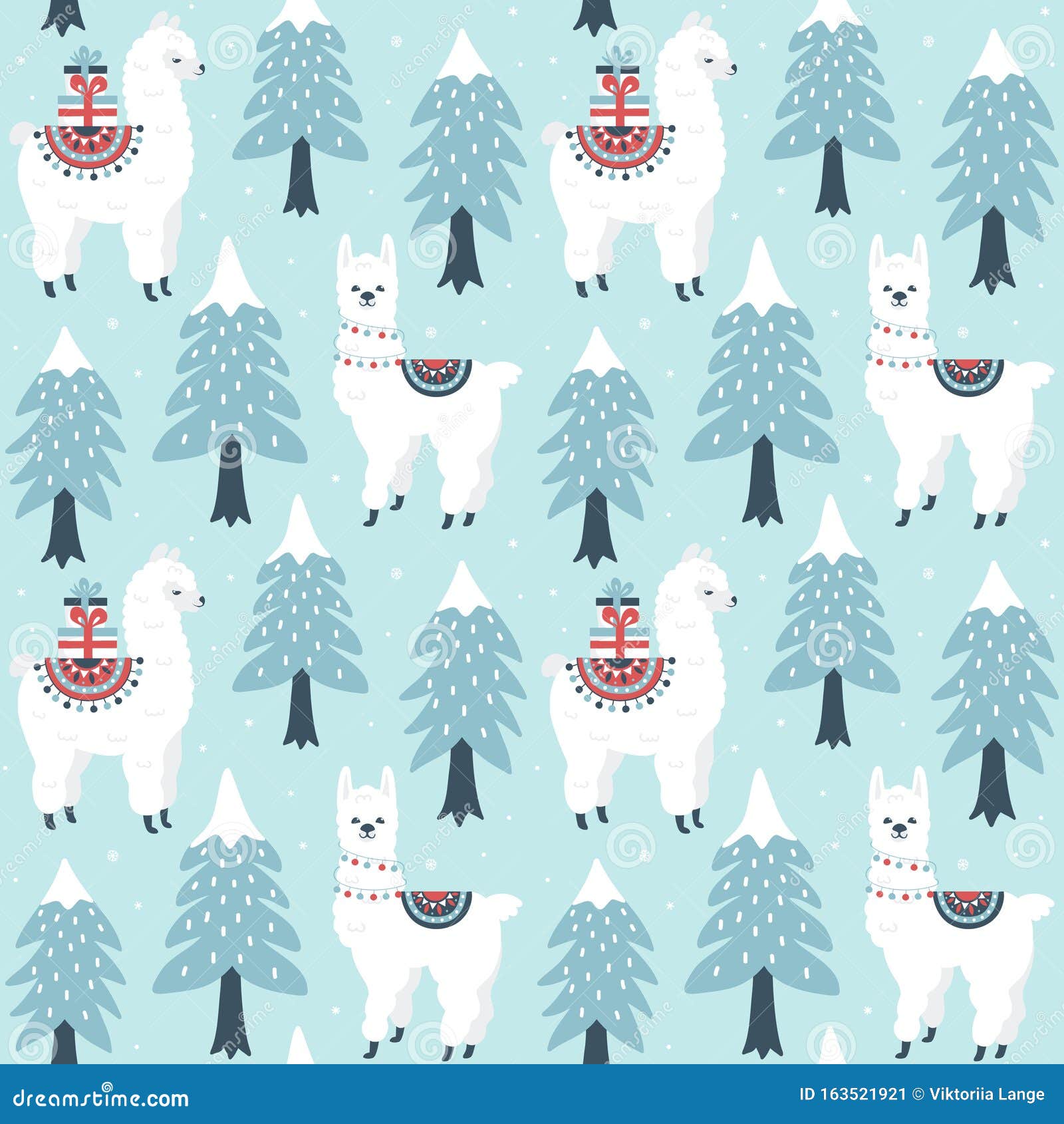 Christmas Tree and Cute Lama with Gift Boxes Seamless Pattern on ...