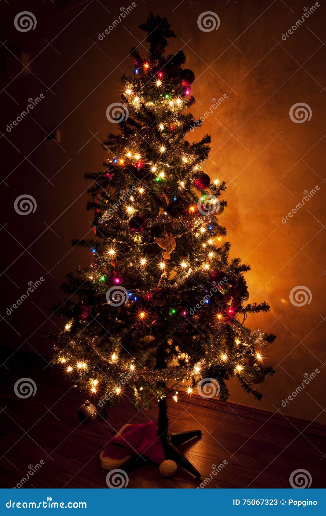 Christmas Tree in a Dark Room Stock Image Image of decorations