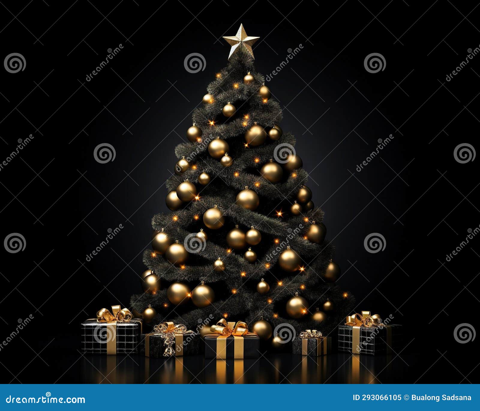 Christmas Tree Decorated with Light on a Black Background. Stock