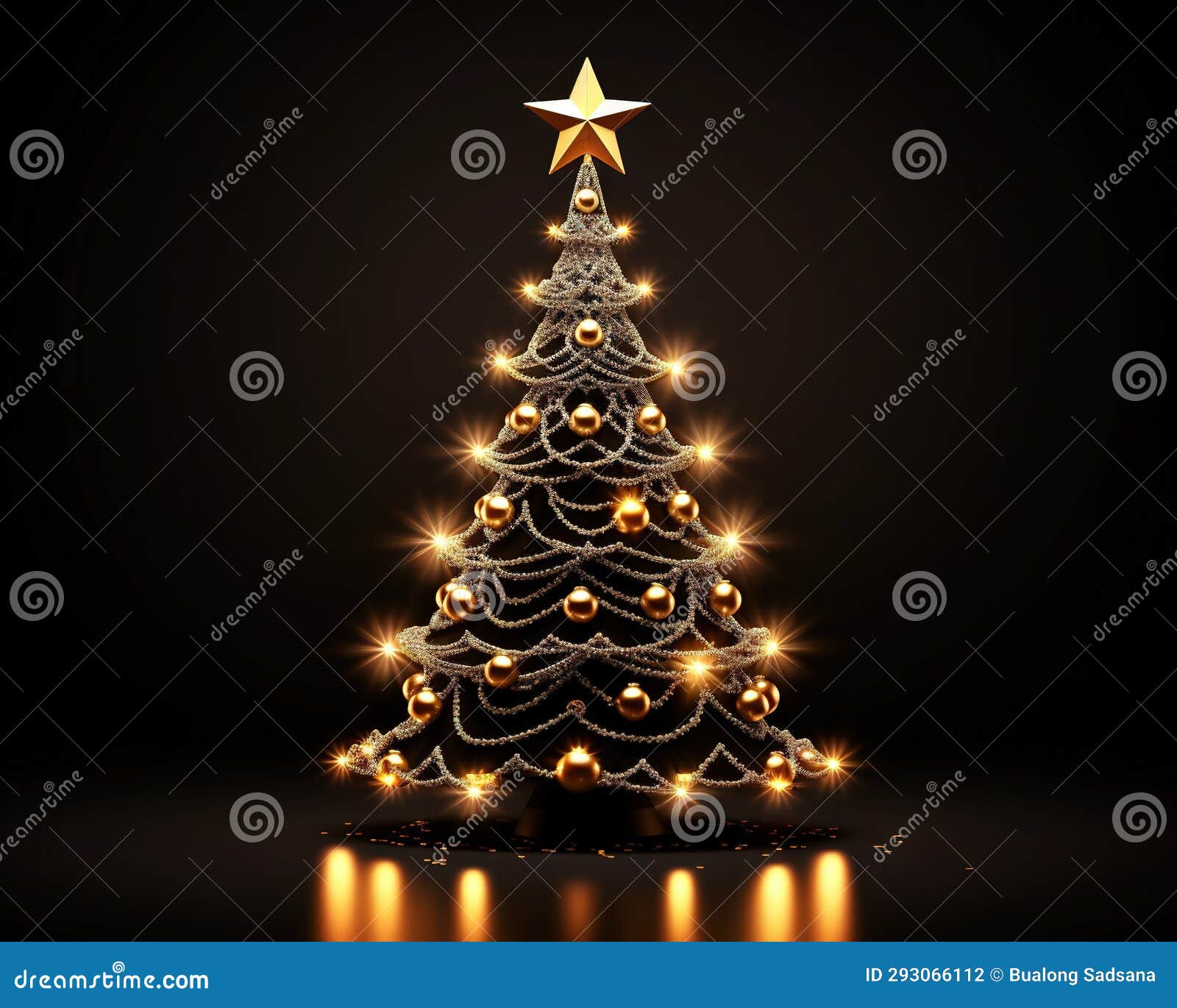 Christmas Tree Decorated with Light on a Black Background. Stock