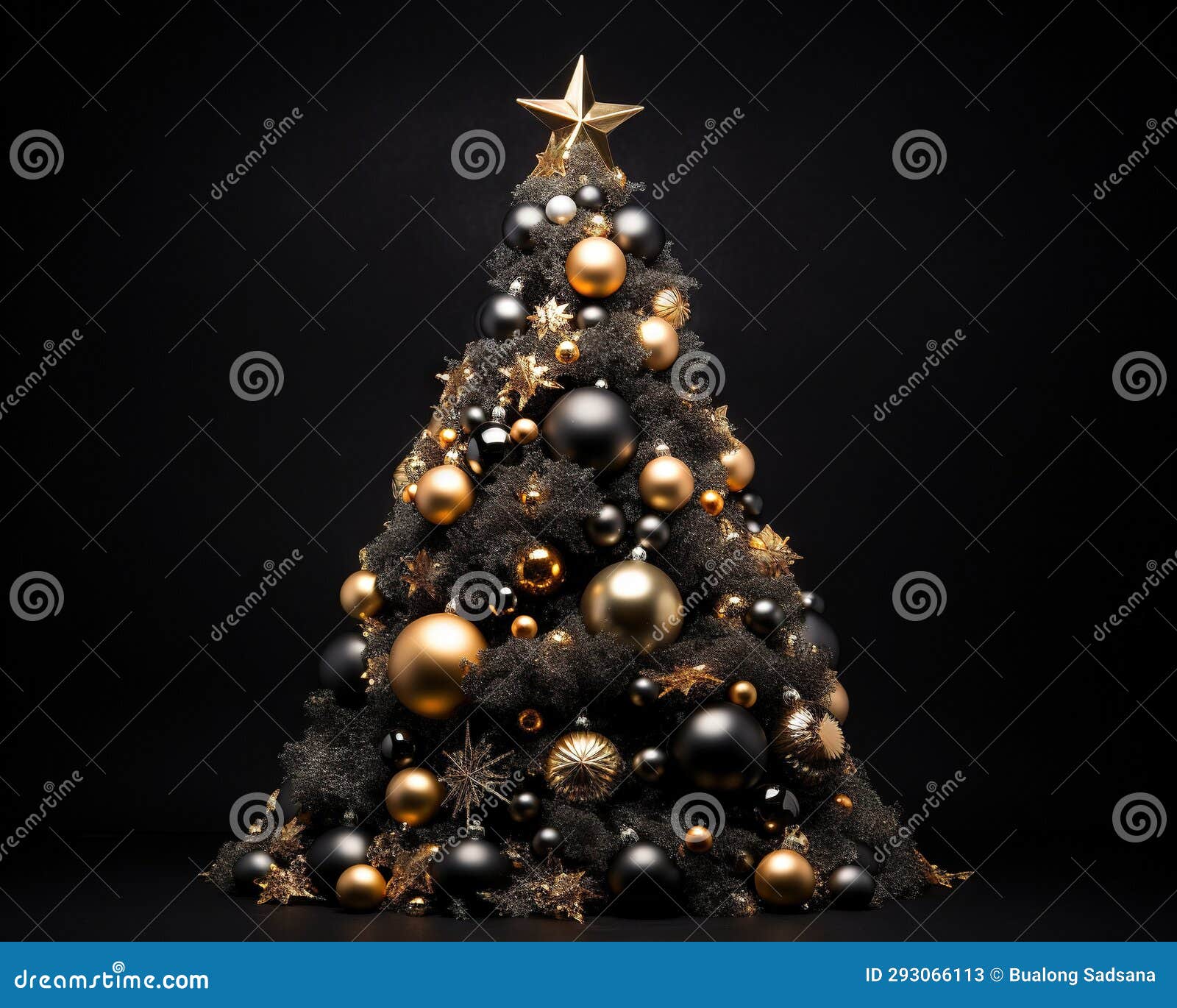 Christmas Tree Decorated with Light on a Black Background. Stock