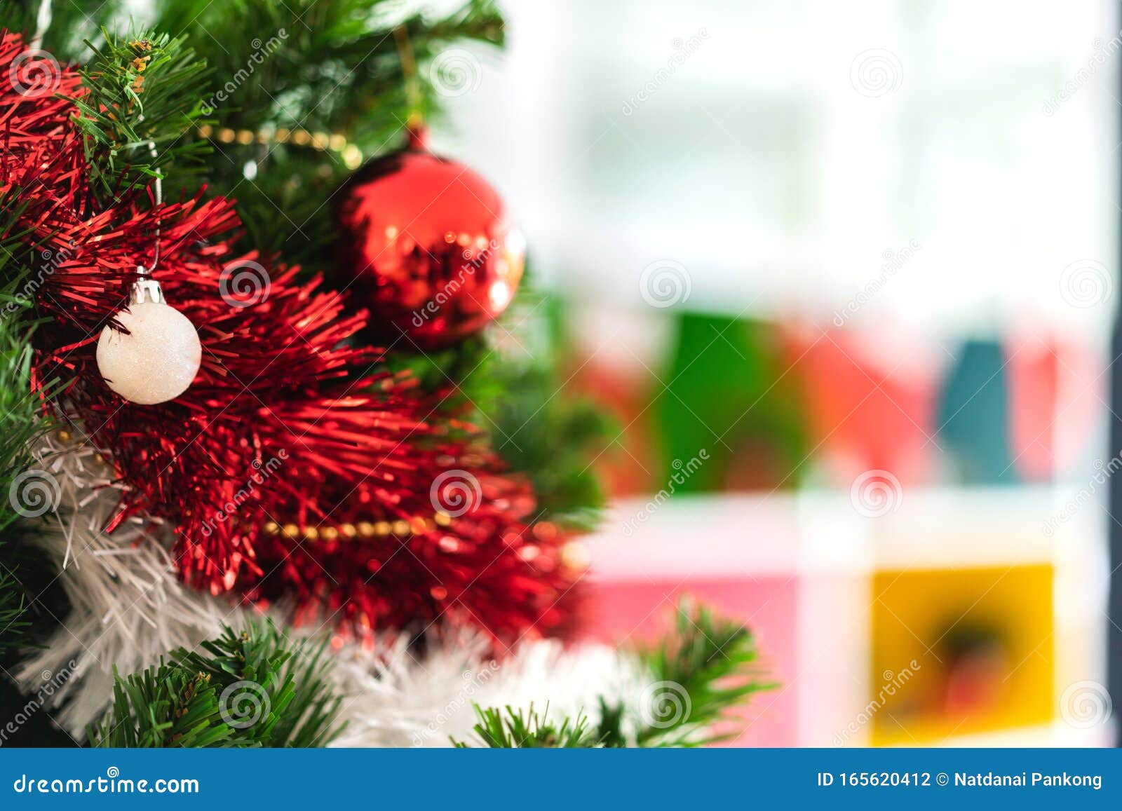 Christmas Tree with Christmas Decoration Background at Home Stock Photo