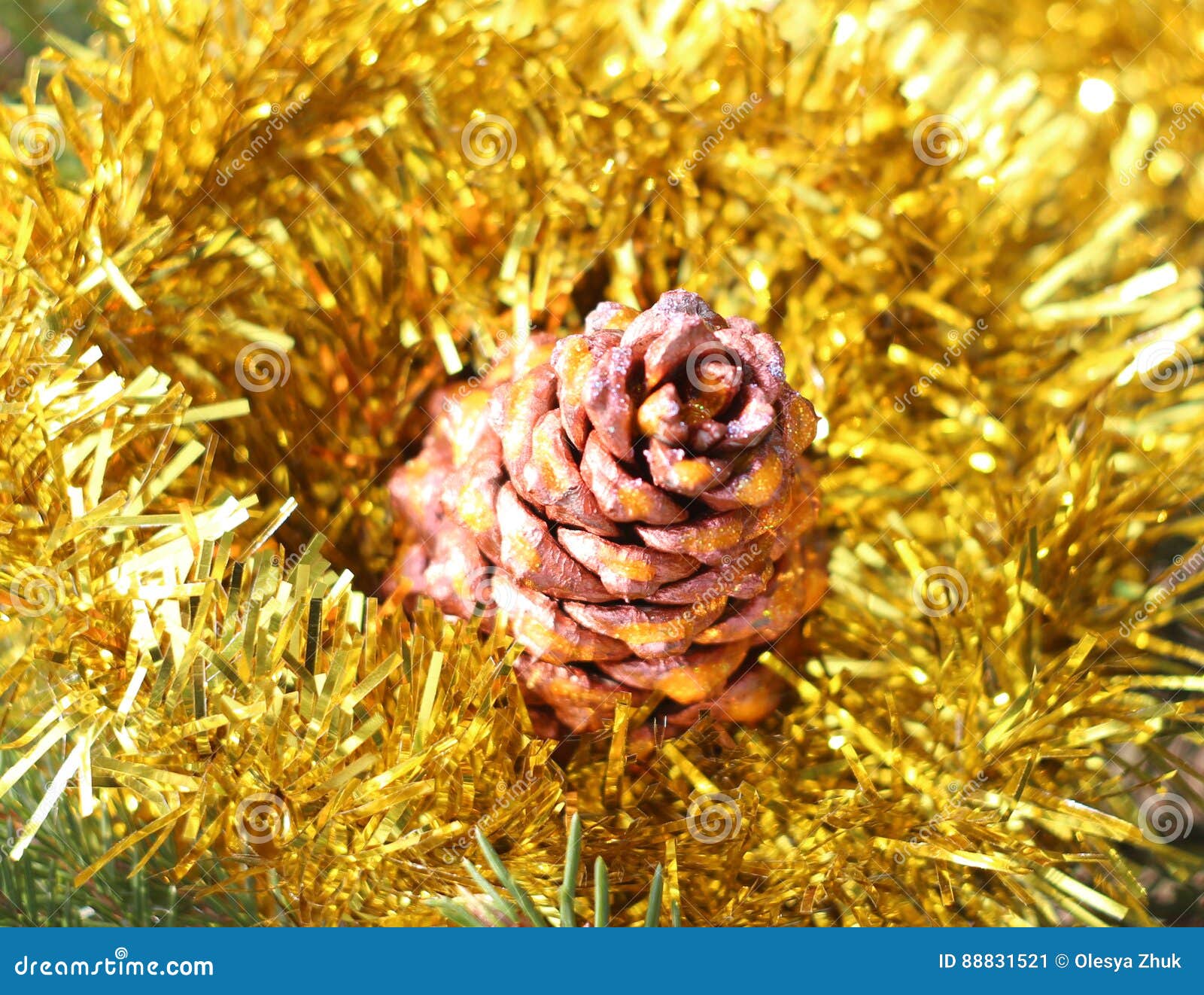 Christmas Tree Decoration Cone and Tinsel Stock Image Image of