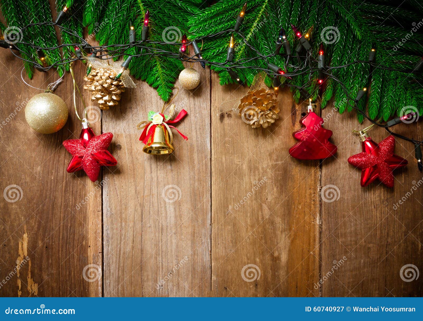 Christmas Tree with Decoration on Old Wooden Board Background, C Stock ...