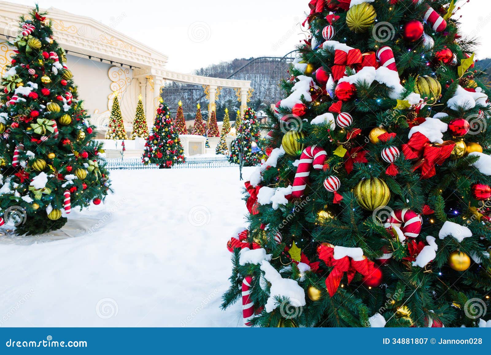 Christmas Tree with Decoration and Snow Stock Image Image of ornament