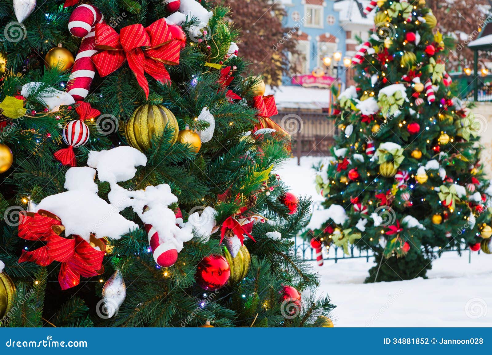 Christmas Tree with Decoration and Snow Stock Photo Image of ornament