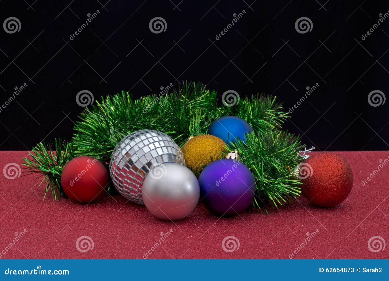 Christmas Tree Decorations, Baubles and Tinsel, on Glittery Red Stock ...