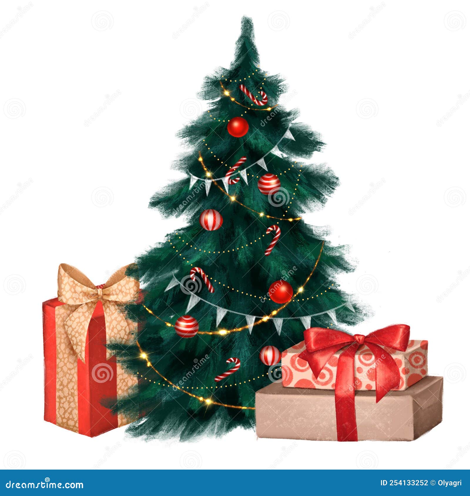 Christmas Tree with Decorations and Gift Boxes. Holiday Illustration