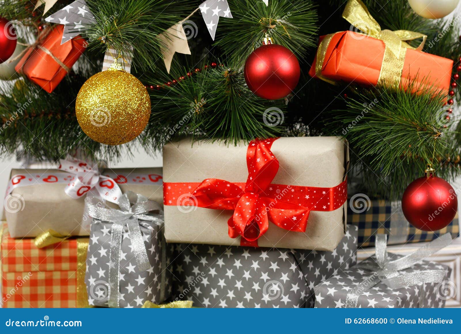 Christmas Tree with Decorations and Gifts Boxes Stock Photo Image of
