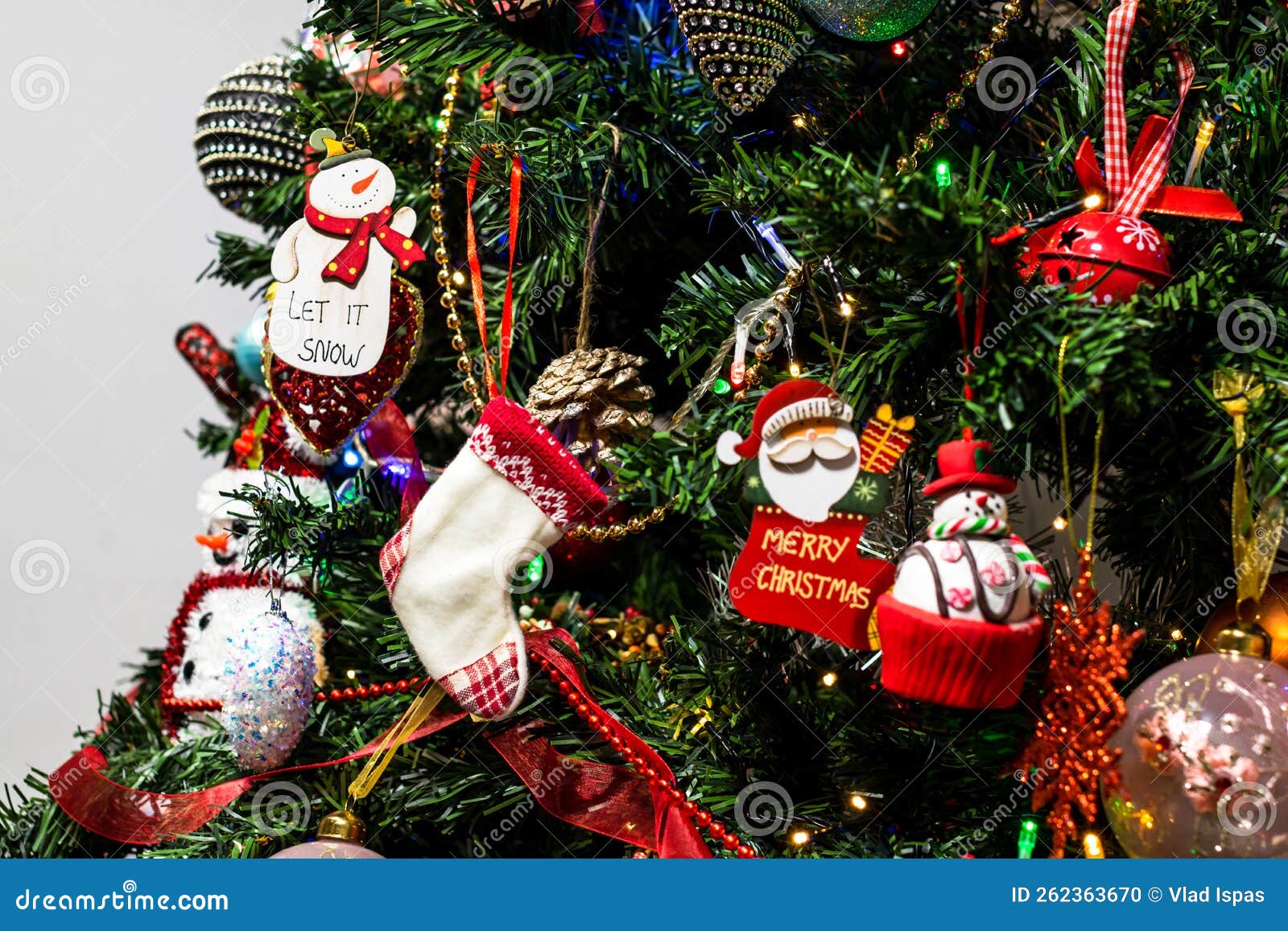 Christmas Tree Decorations with Christmas Lights Stock Photo Image of
