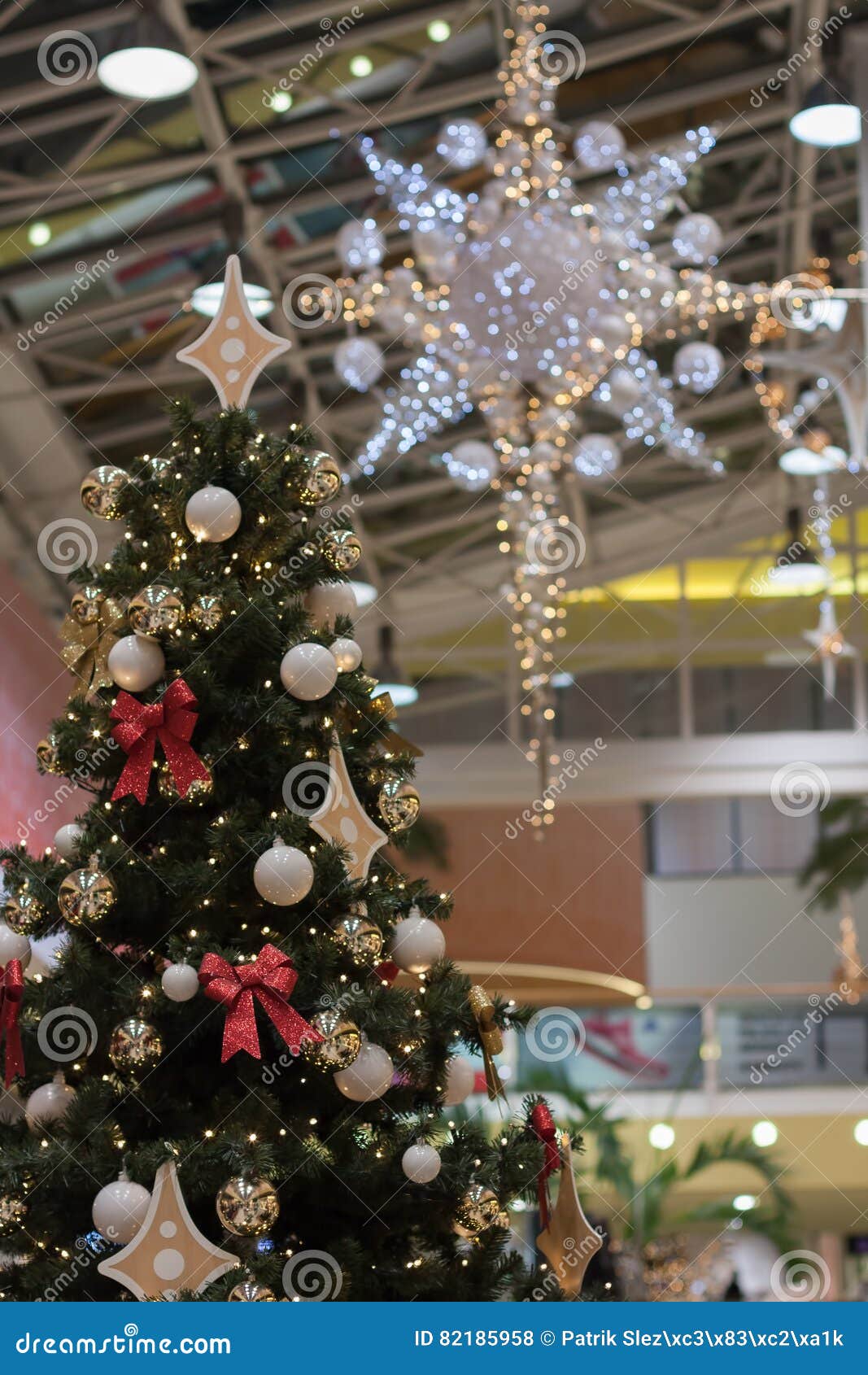 Christmas Tree with Decorations at Shopping Center Olympia Stock Photo