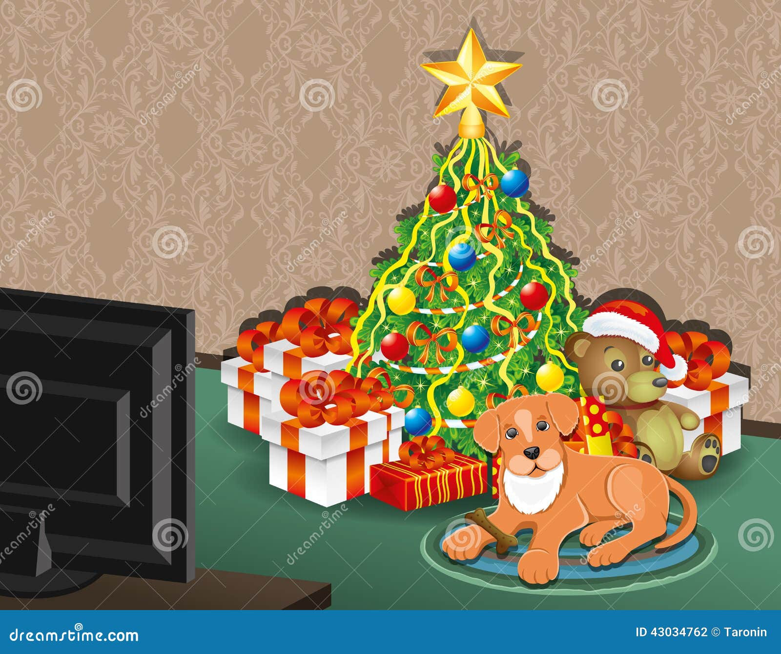 Christmas tree and dog. stock vector. Illustration of decoration 43034762