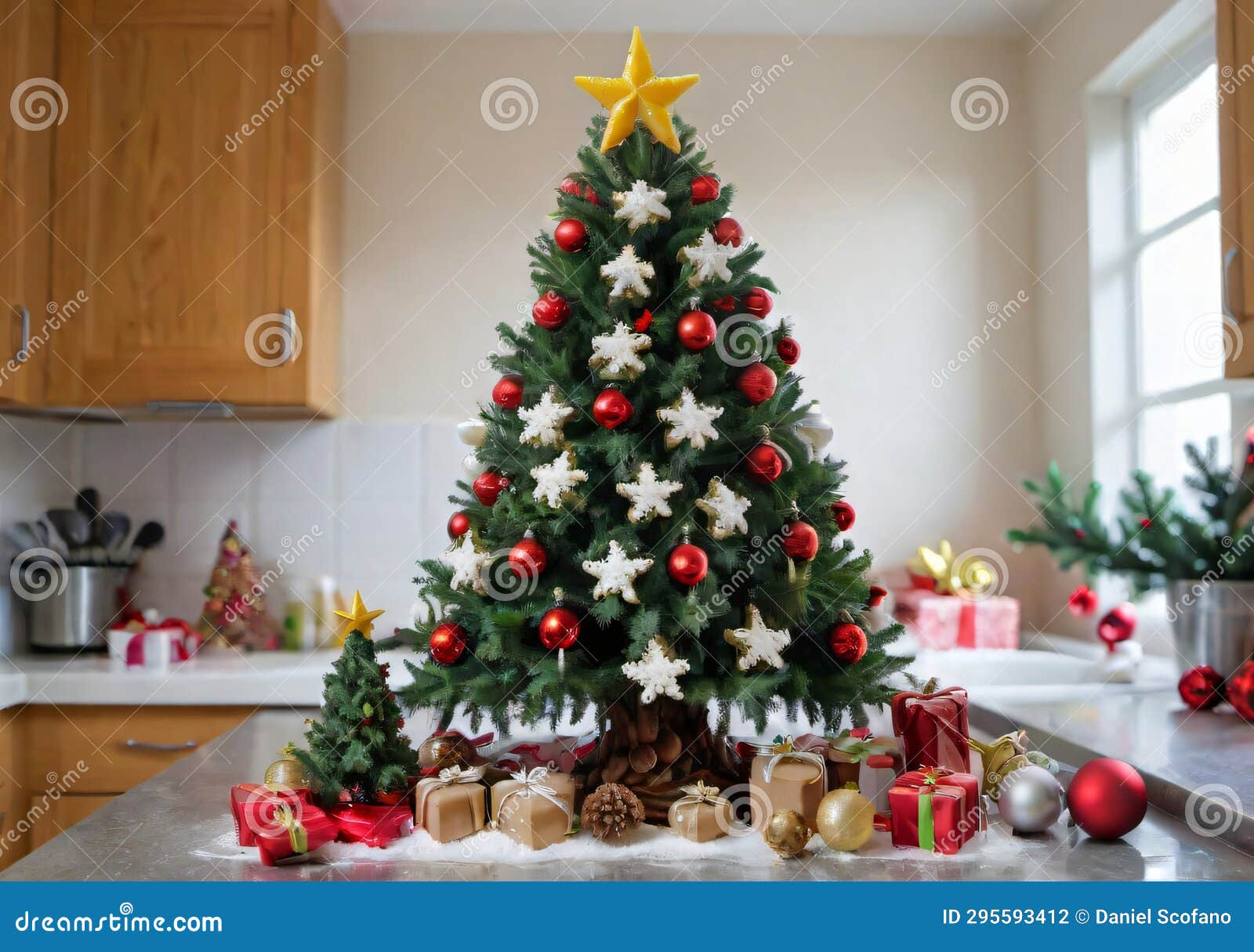 A Christmas Tree with Edible Decorations, in a Kitchen Setting