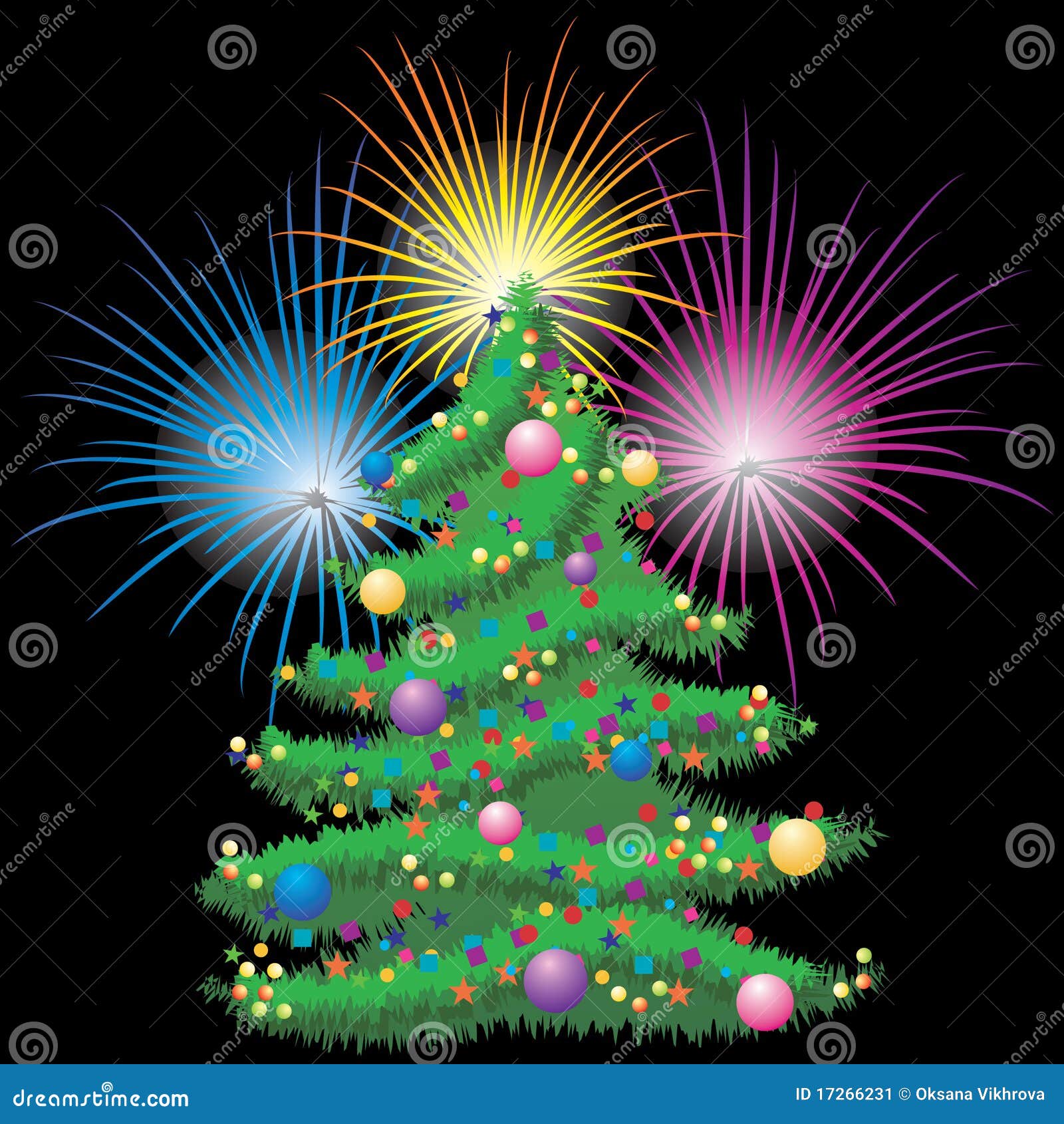 Christmas Tree And Fireworks. Stock Vector - Illustration of holidays