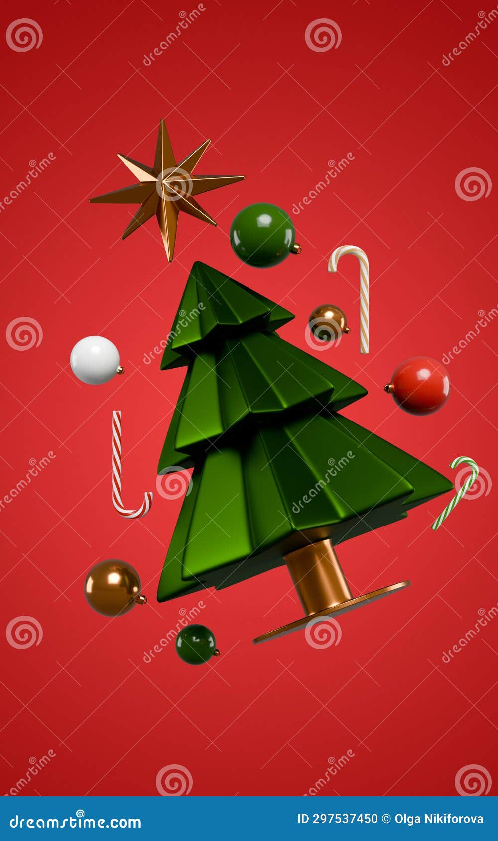 The Christmas Tree Flies with Decorations and Candy Canes Stock Illustration Illustration of