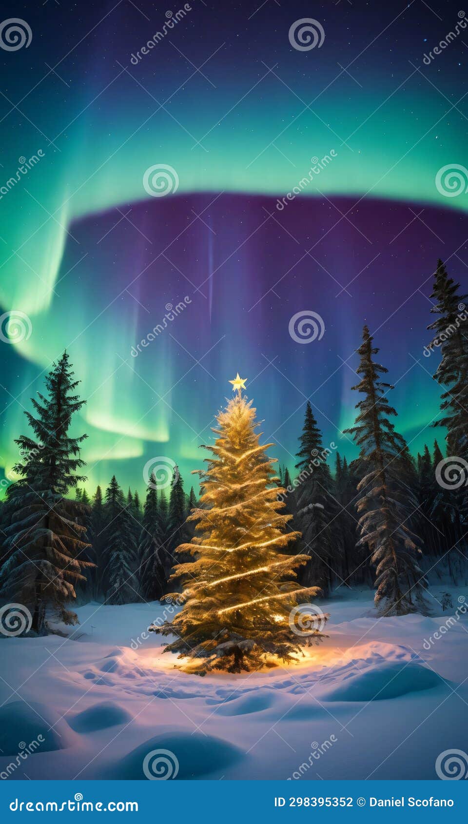 A Christmas Tree in a Forest Clearing, Illuminated by the Northern
