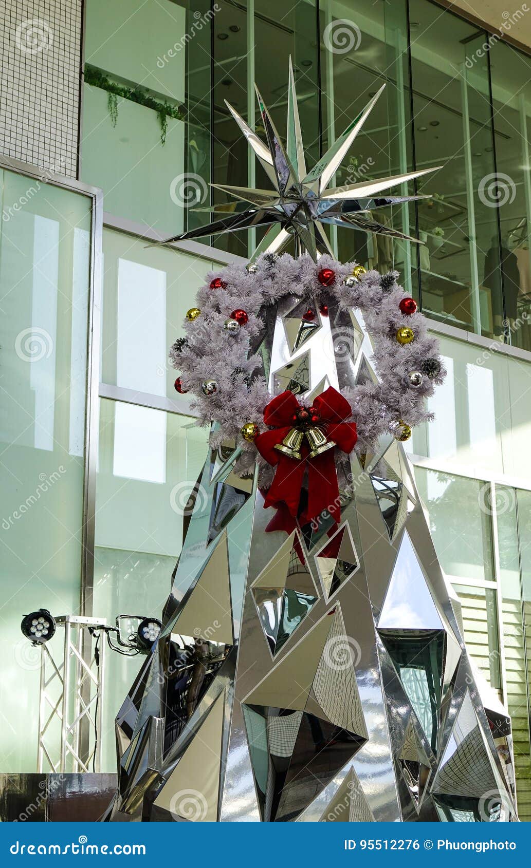 Christmas Tree in the Front of Modern Building Stock Photo Image of
