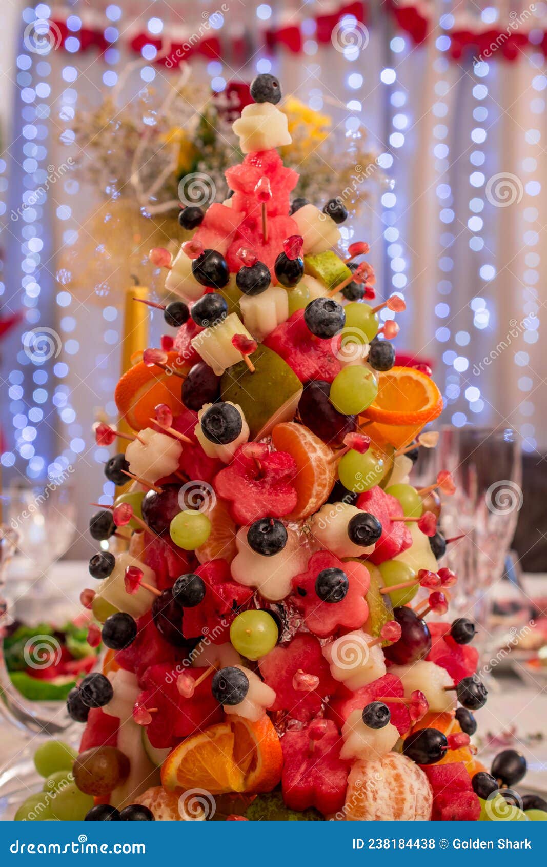 Christmas Tree Fruit Salad with Melon,blueberry, Grape and Watermelon