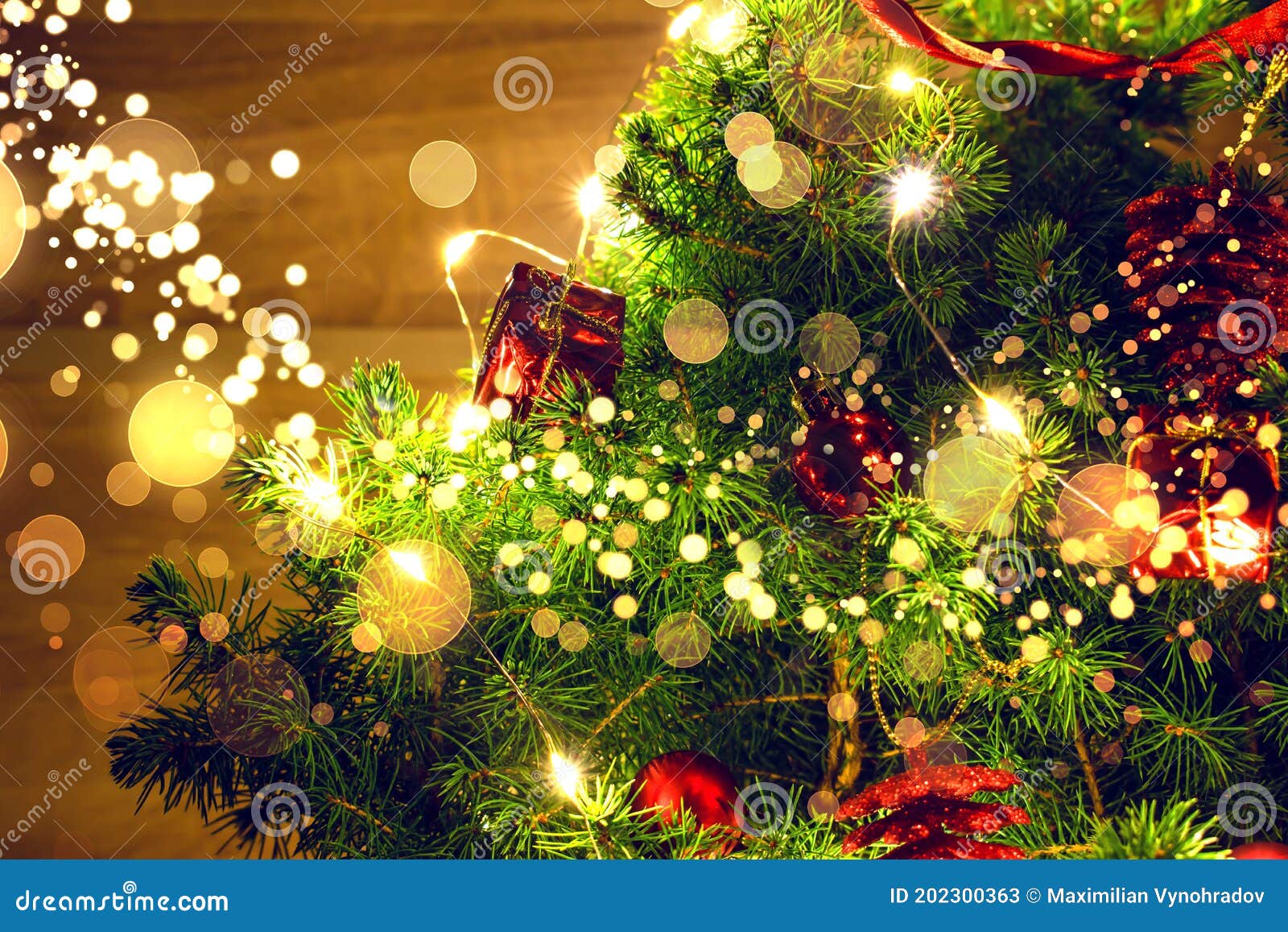 Christmas Tree with Garland and Bright Lights, Gifts and Decorations Stock Image Image of glow